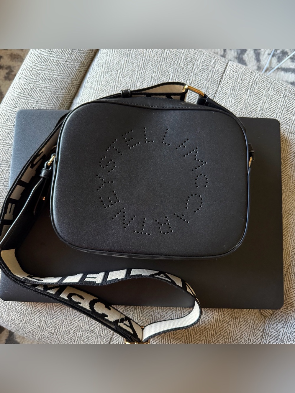 Stella McCartney Black Perforated Logo Messenger Bag with Branded Strap